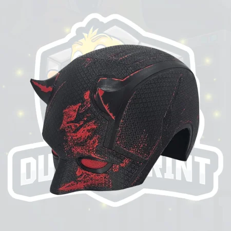 Battle Damaged Devil Vigilante Helmet - Black & Red Cosplay Mask image 2