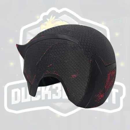 Battle Damaged Devil Vigilante Helmet - Black & Red Cosplay Mask image 3