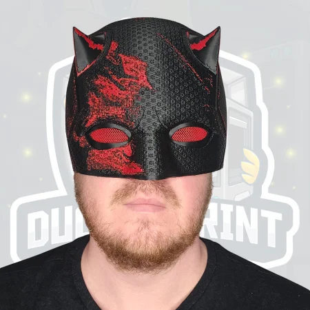 Battle Damaged Devil Vigilante Helmet - Black & Red Cosplay Mask image 1